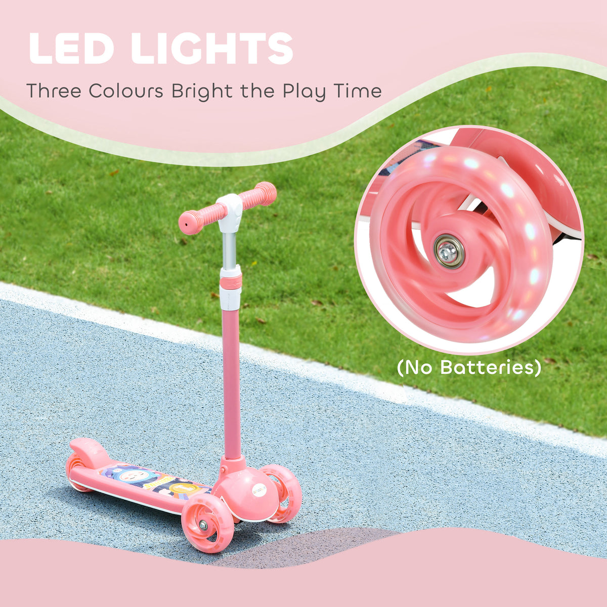 Qaba 3 Wheel Kids Scooter, Toddler Kick Scooter with Adjustable Height, Rear-Fender Brake, LED Light, TPE Handlebar