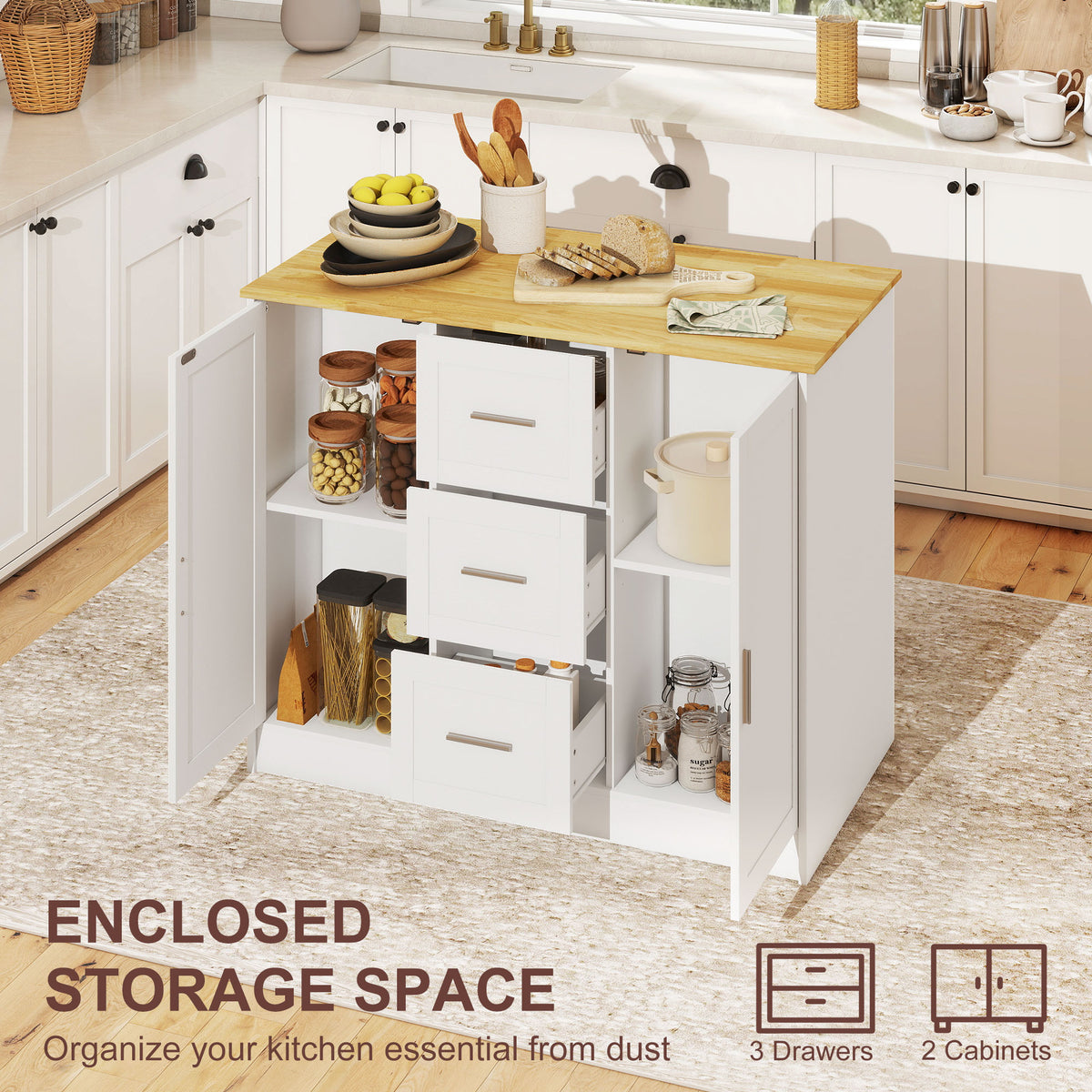 Kitchen Island with Storage Cabinets, 3 Drawers, 2 Adjustable Shelves and Sitting Space for Dining Room, White