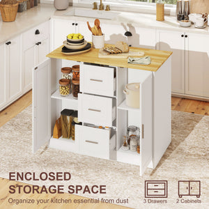 Kitchen Island with Storage Cabinets, 3 Drawers, 2 Adjustable Shelves and Sitting Space for Dining Room, White