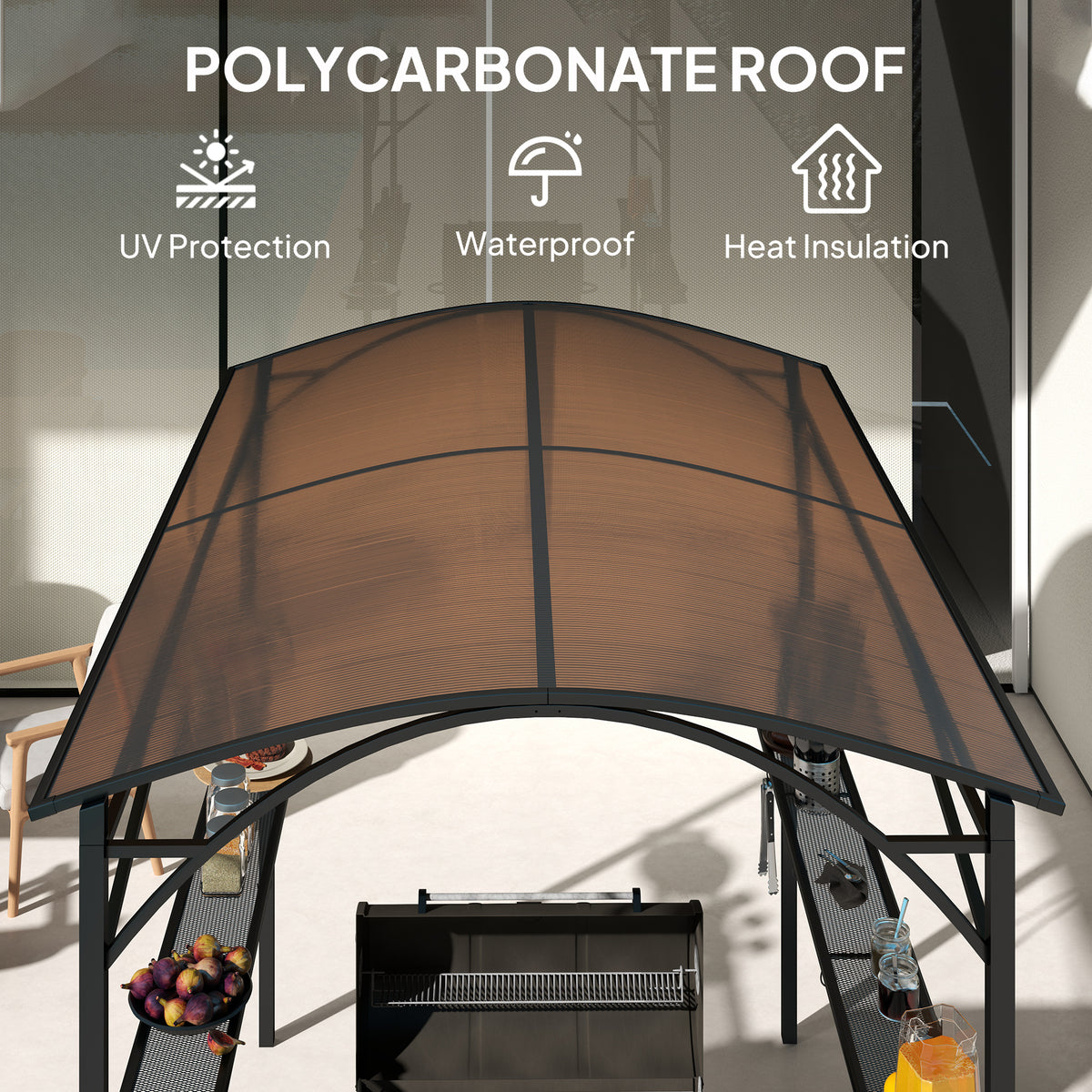 8' x 5' Hardtop Grill Gazebo, Outdoor BBQ Gazebo with PC Board Roof, BBQ Canopy Gazebo with 2 Side Shelves and 10 Hooks