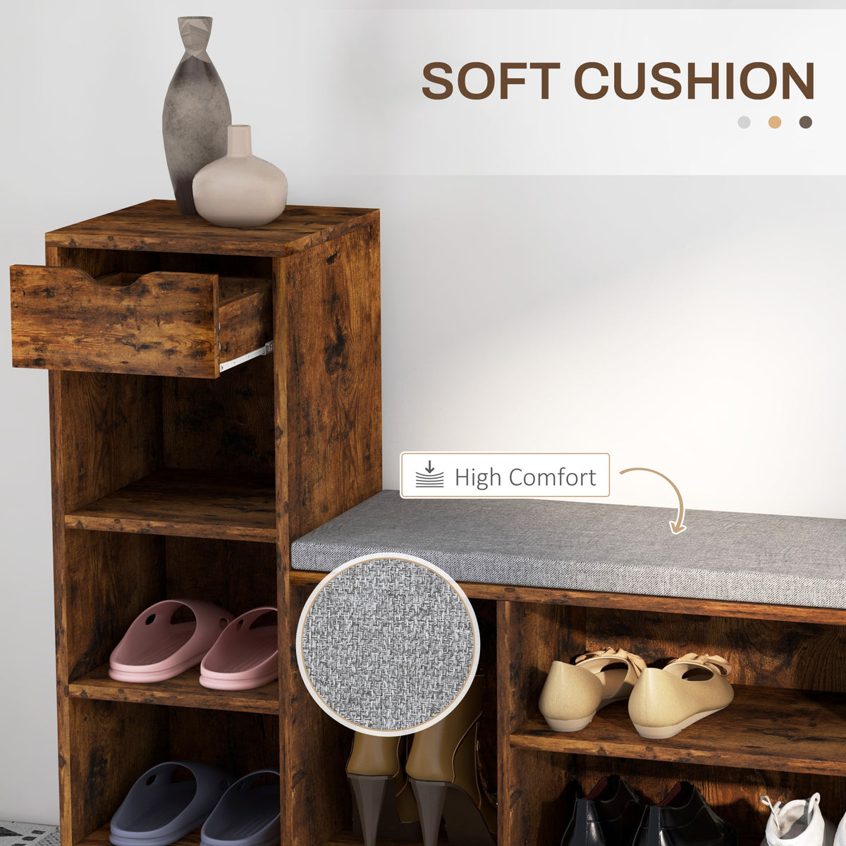 Upholstered Shoe Storage Bench w/ Seat, Entrance Bench w/ Drawer and 6 Open Shelves for Hallway, Grey – view 12