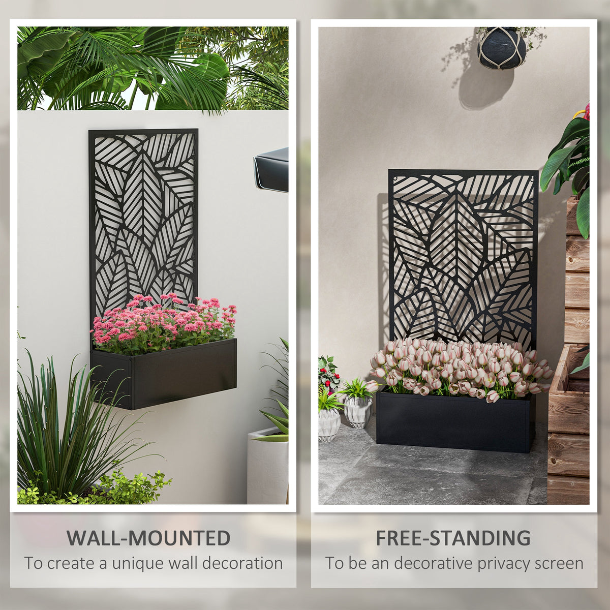 Metal Outdoor Privacy Screen with Raised Graden Bed, Privacy Panel and Planter Box, Wall-Mounted or Freestanding