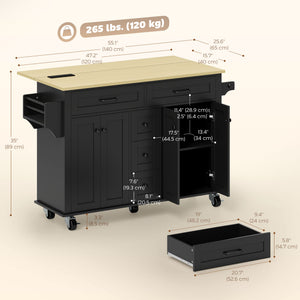 Kitchen Island Cart with Power Outlet & Drop Leaf, 55" Rolling Kitchen Island on Wheels with Storage, Black – view 2
