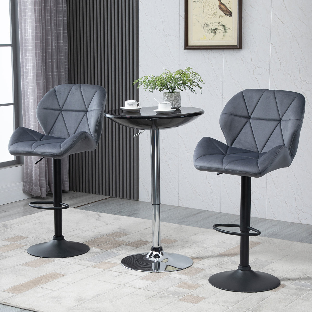 Bar Stool Set of 2 Fabric Adjustable Height Armless Upholstered Counter Chairs with Swivel Seat, Black – view 14
