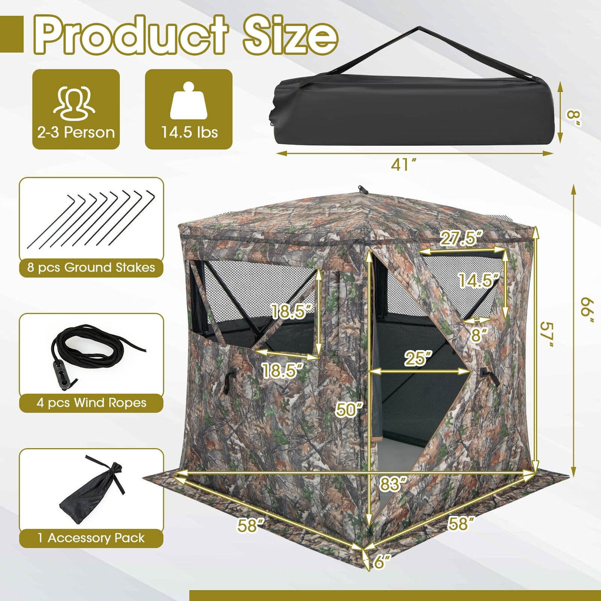 2-3 Person Hunting Blind Portable Pop Up Ground Tent with Carry Bag and Storage Pocket view 5