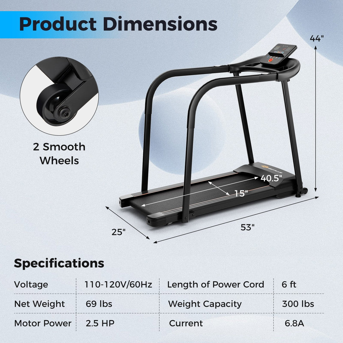 2.5 HP Walking Treadmill with Long Handrails for Seniors-Black view 4