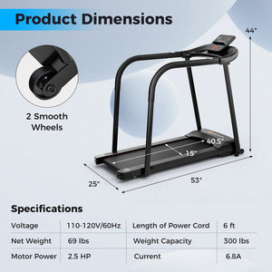 2.5 HP Walking Treadmill with Long Handrails for Seniors-Black view 4