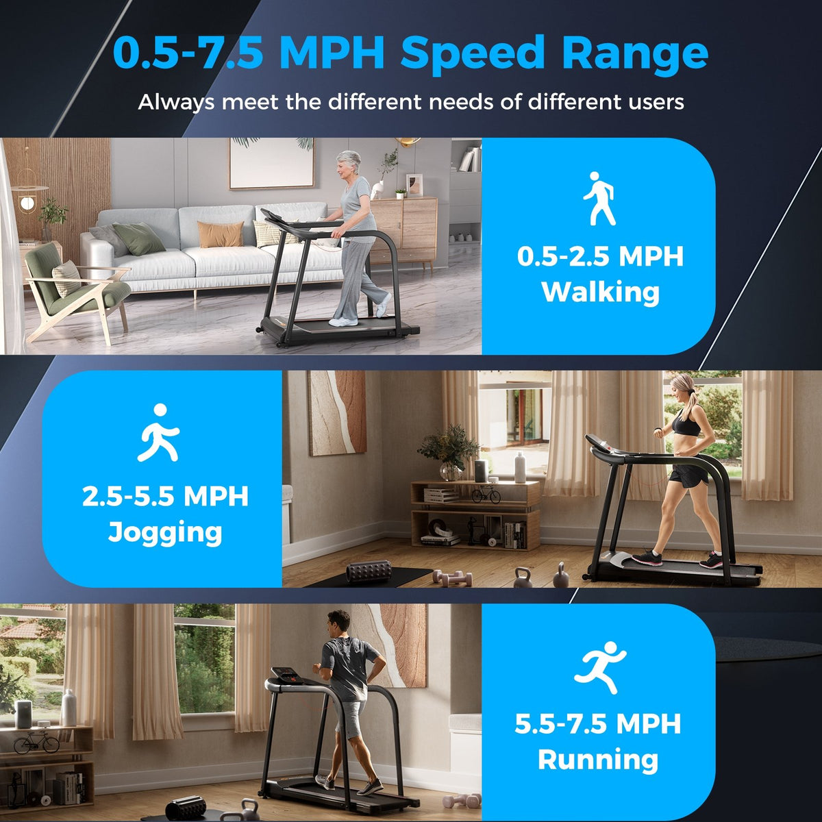 2.5 HP Walking Treadmill with Long Handrails for Seniors-Black view 9