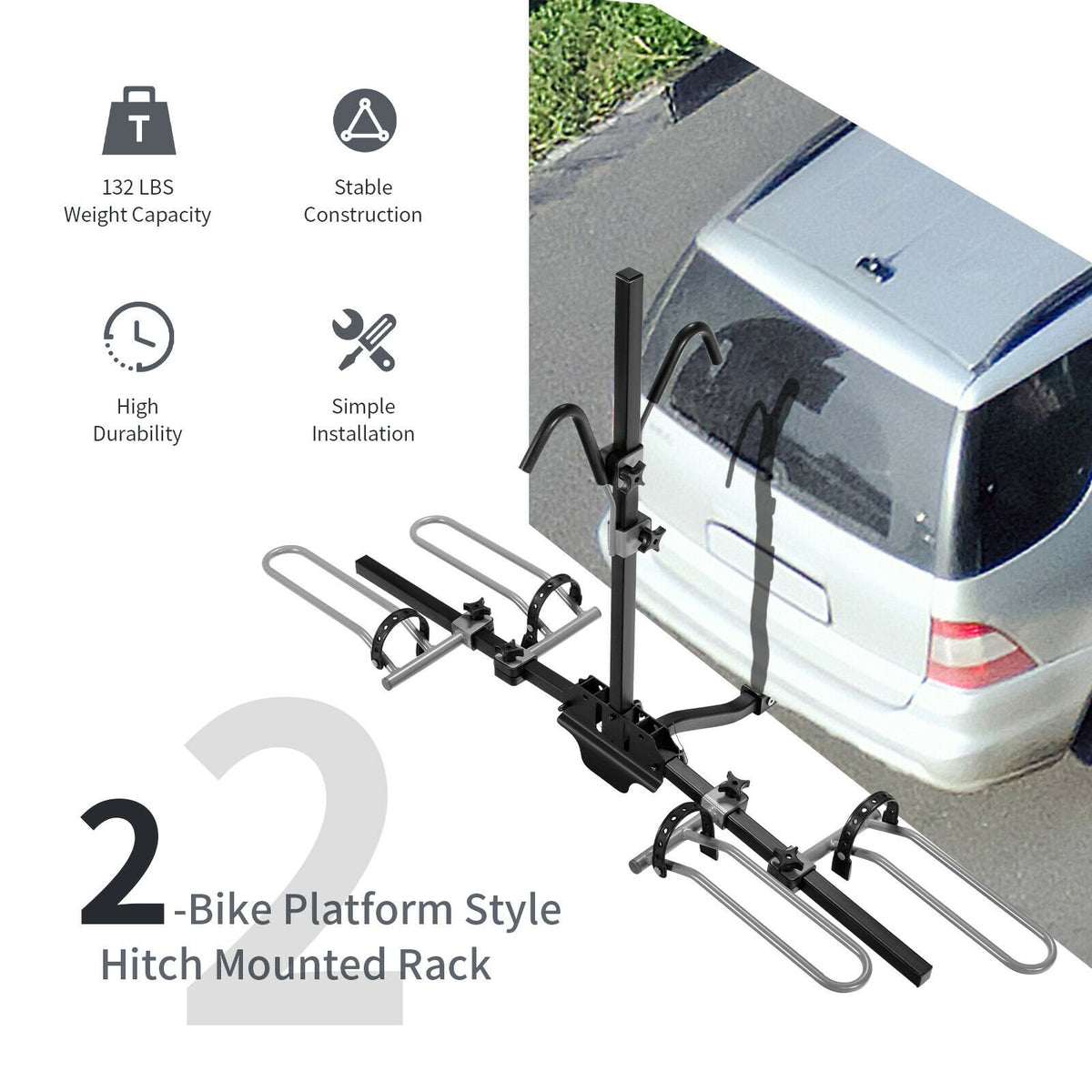 2-Bike Hitch Mount Bike Rack for 1-1/4 Inch or 2 Inch Receiver-Black view 5