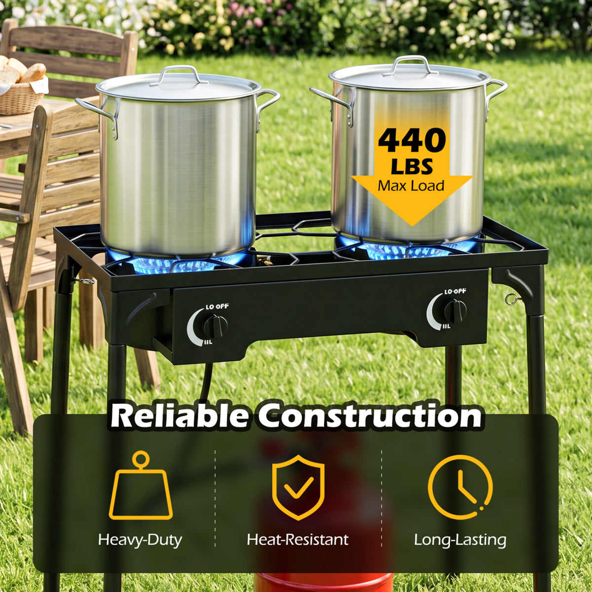 2 Burner Propane Stove 160000 BTU with Adjustable Regulator & Hose for Camping BBQ-Black view 6