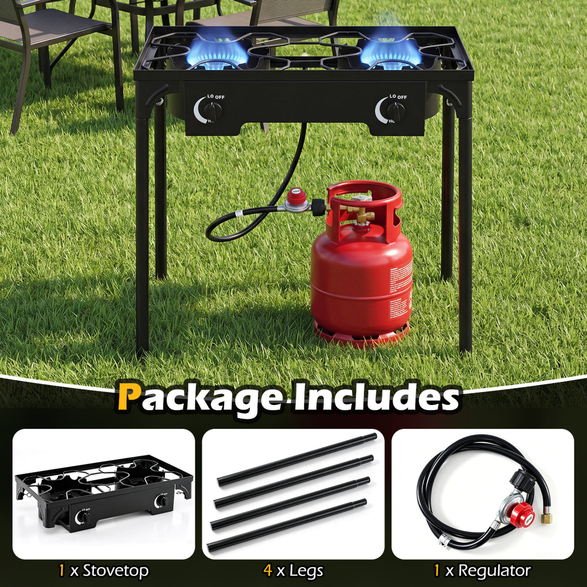 2 Burner Propane Stove 160000 BTU with Adjustable Regulator & Hose for Camping BBQ-Black view 7