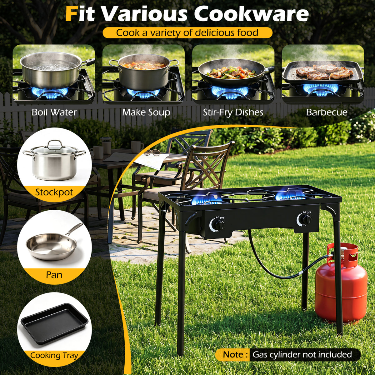 2 Burner Propane Stove 160000 BTU with Adjustable Regulator & Hose for Camping BBQ-Black view 8