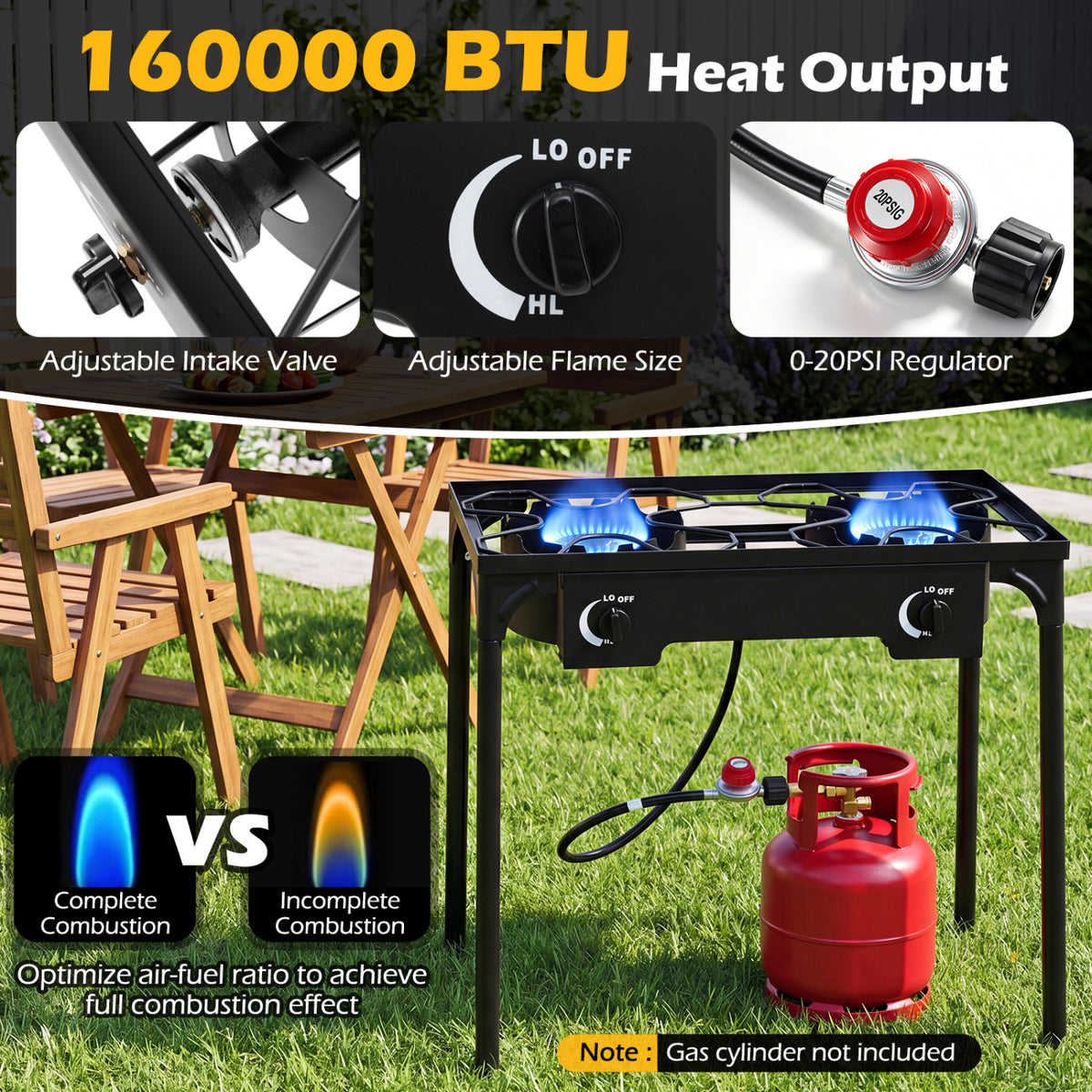 2 Burner Propane Stove 160000 BTU with Adjustable Regulator & Hose for Camping BBQ-Black view 9