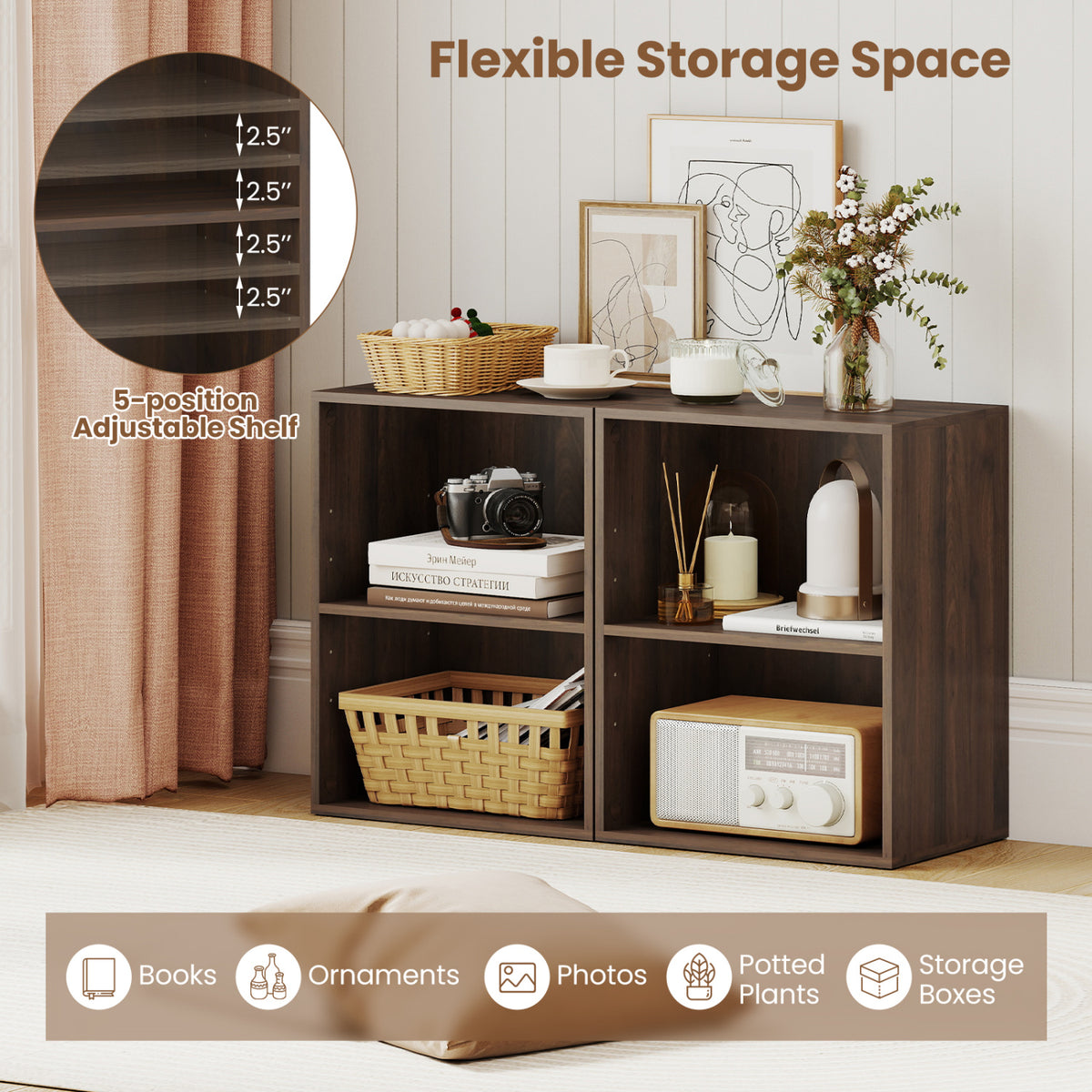 2-Cube Bookcase Floor Standing Open Bookshelf with 5-Position Adjustable Shelf-Dark Walnut view 7