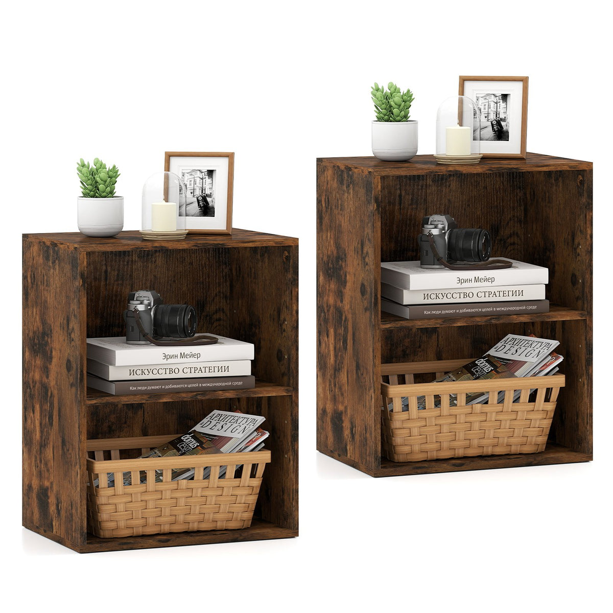 2-Cube Bookcase Set of 2 Floor Standing Open Bookshelf w/ 5-Position Adjustable Shelf-Brown