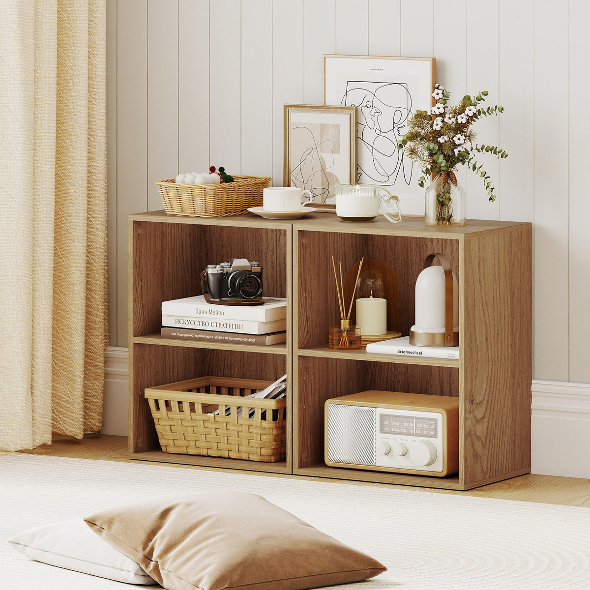2-Cube Bookcase Set of 2 Floor Standing Open Bookshelf w/ 5-Position Adjustable Shelf-Natural view 2