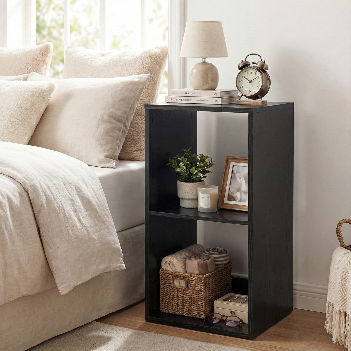 2 Cube Bookshelf with Back Guardrail for Living Room Bedroom-Black view 2