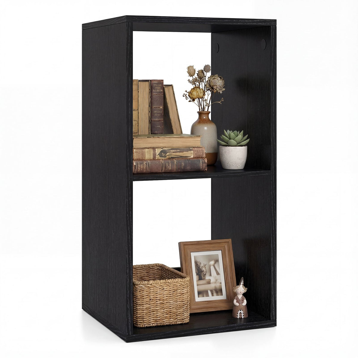 2 Cube Bookshelf with Back Guardrail for Living Room Bedroom-Black view 4