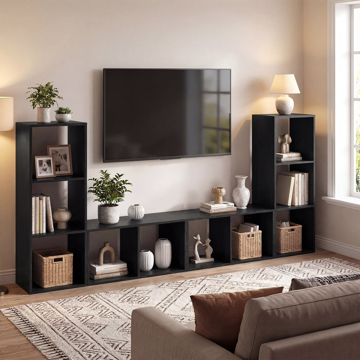 2 Cube Bookshelf with Back Guardrail for Living Room Bedroom-Black view 8