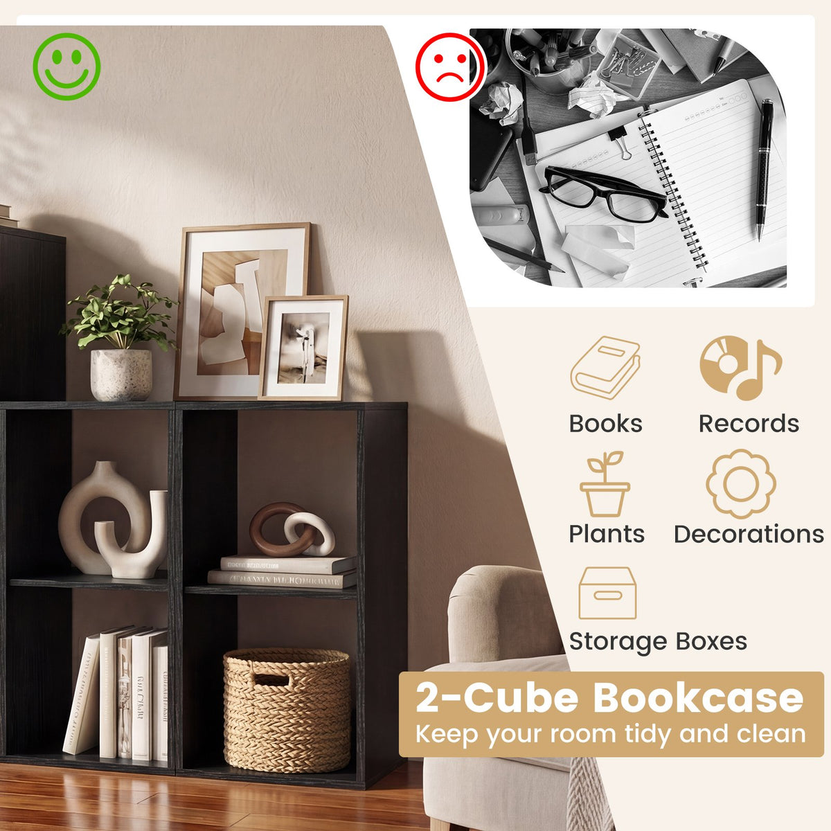 2 Cube Bookshelf with Back Guardrail for Living Room Bedroom-Black view 9