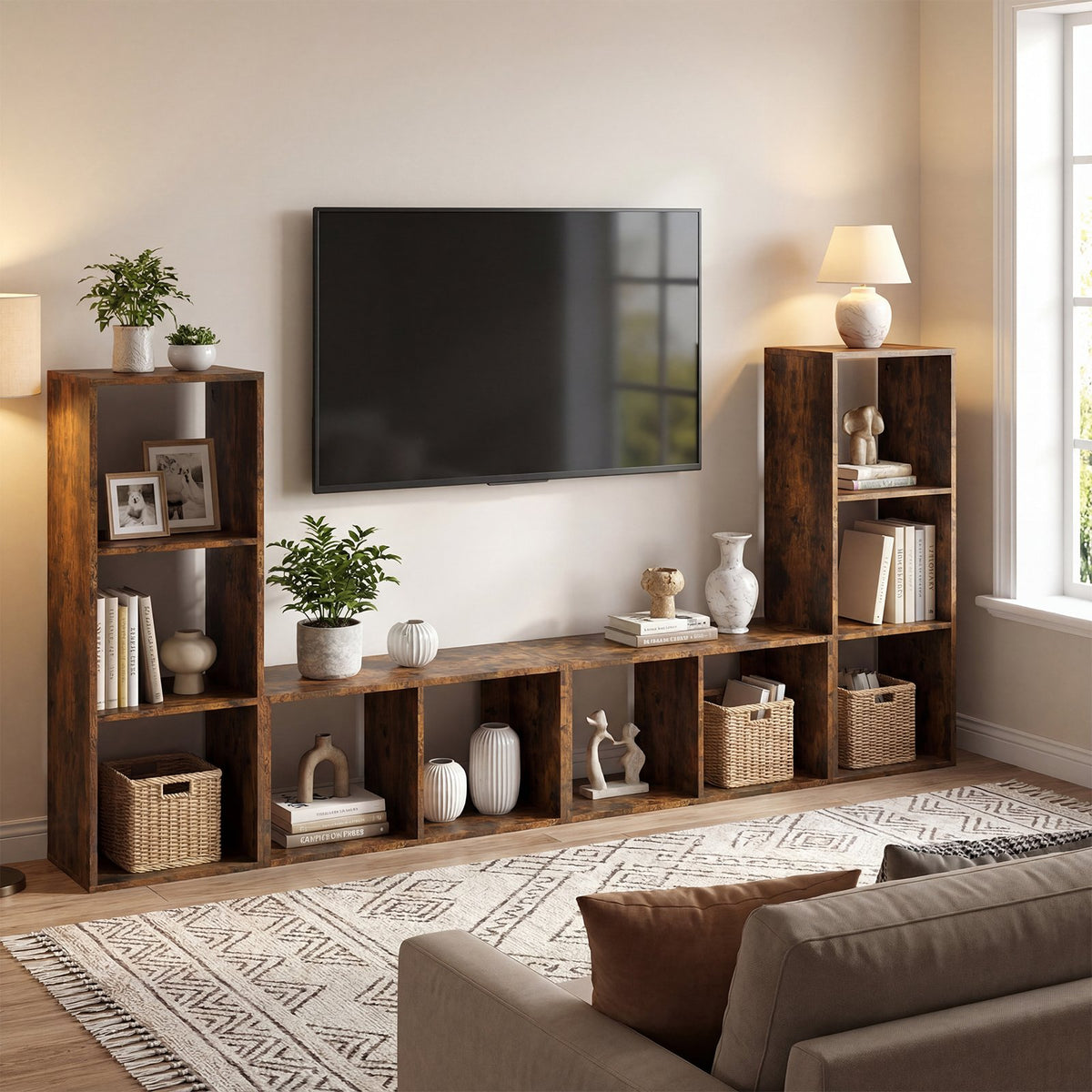 2 Cube Bookshelf with Back Guardrail for Living Room Bedroom-Rustic Brown view 3