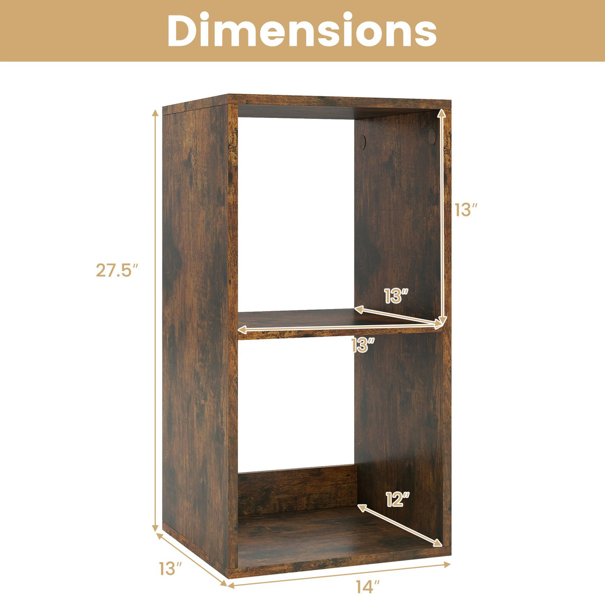 2 Cube Bookshelf with Back Guardrail for Living Room Bedroom-Rustic Brown view 5