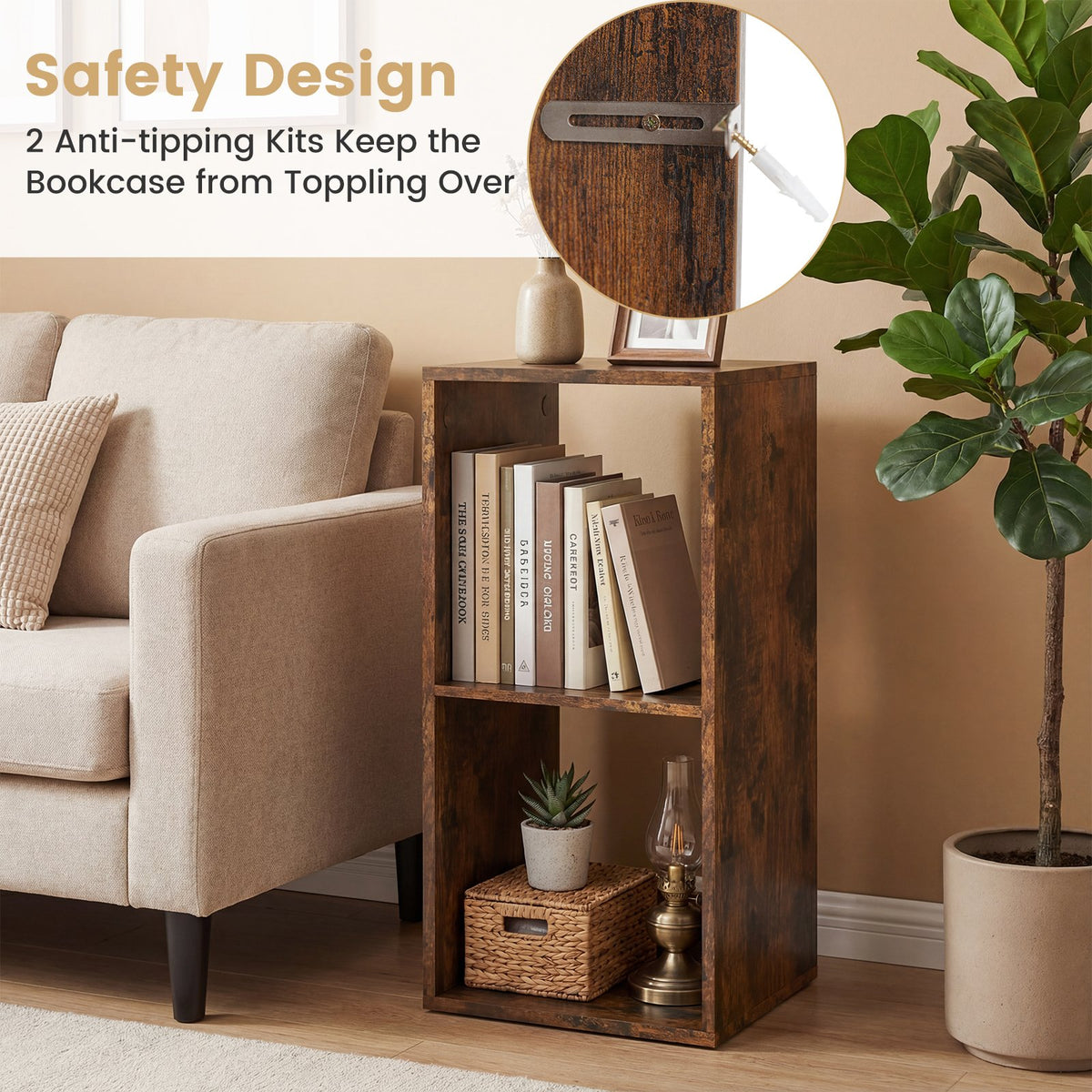 2 Cube Bookshelf with Back Guardrail for Living Room Bedroom-Rustic Brown view 9