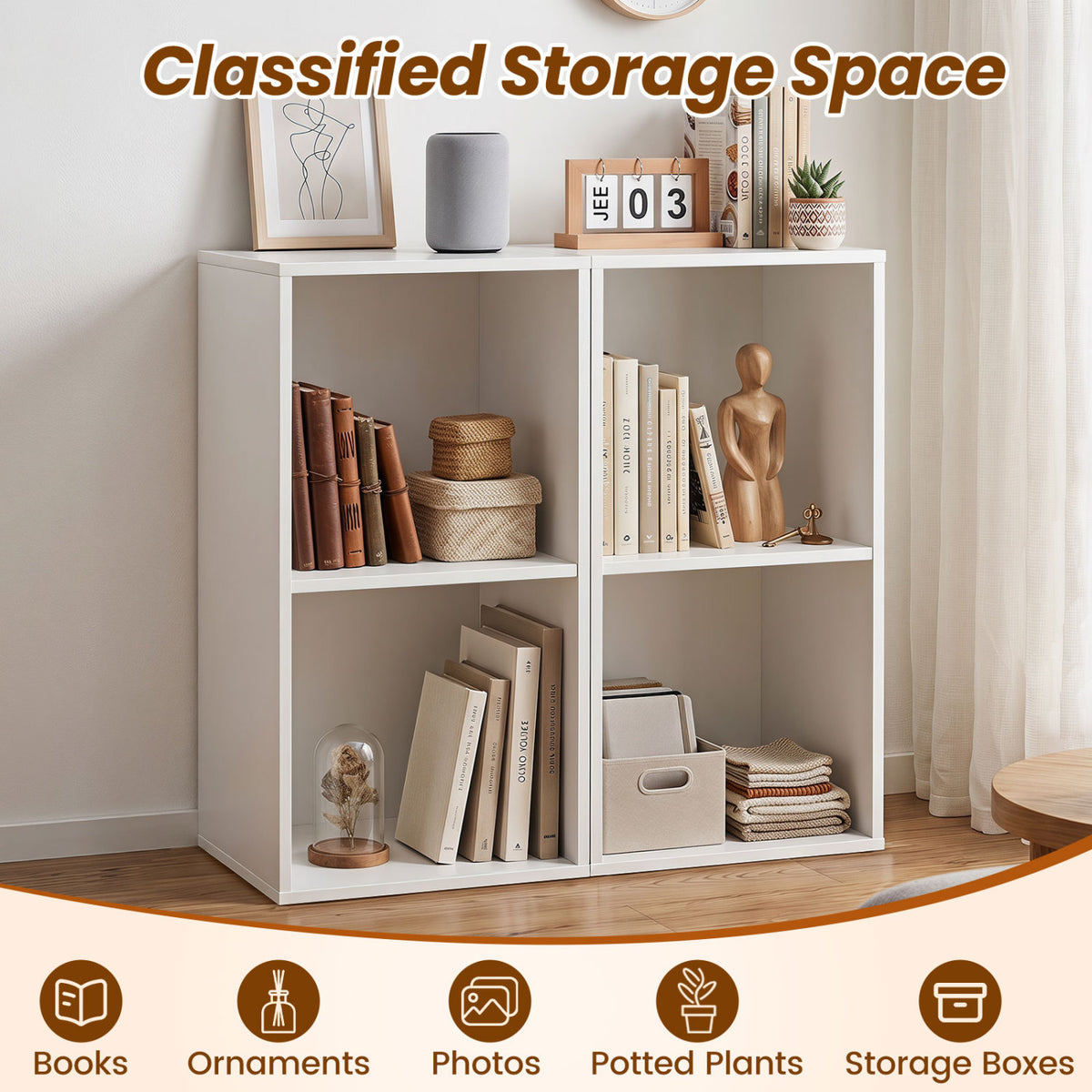 2-Cube Vertical or Horizontal Freestanding Bookshelf with 2 Compartments and 2 Anti-tipping Kits for Home Office-White view 6