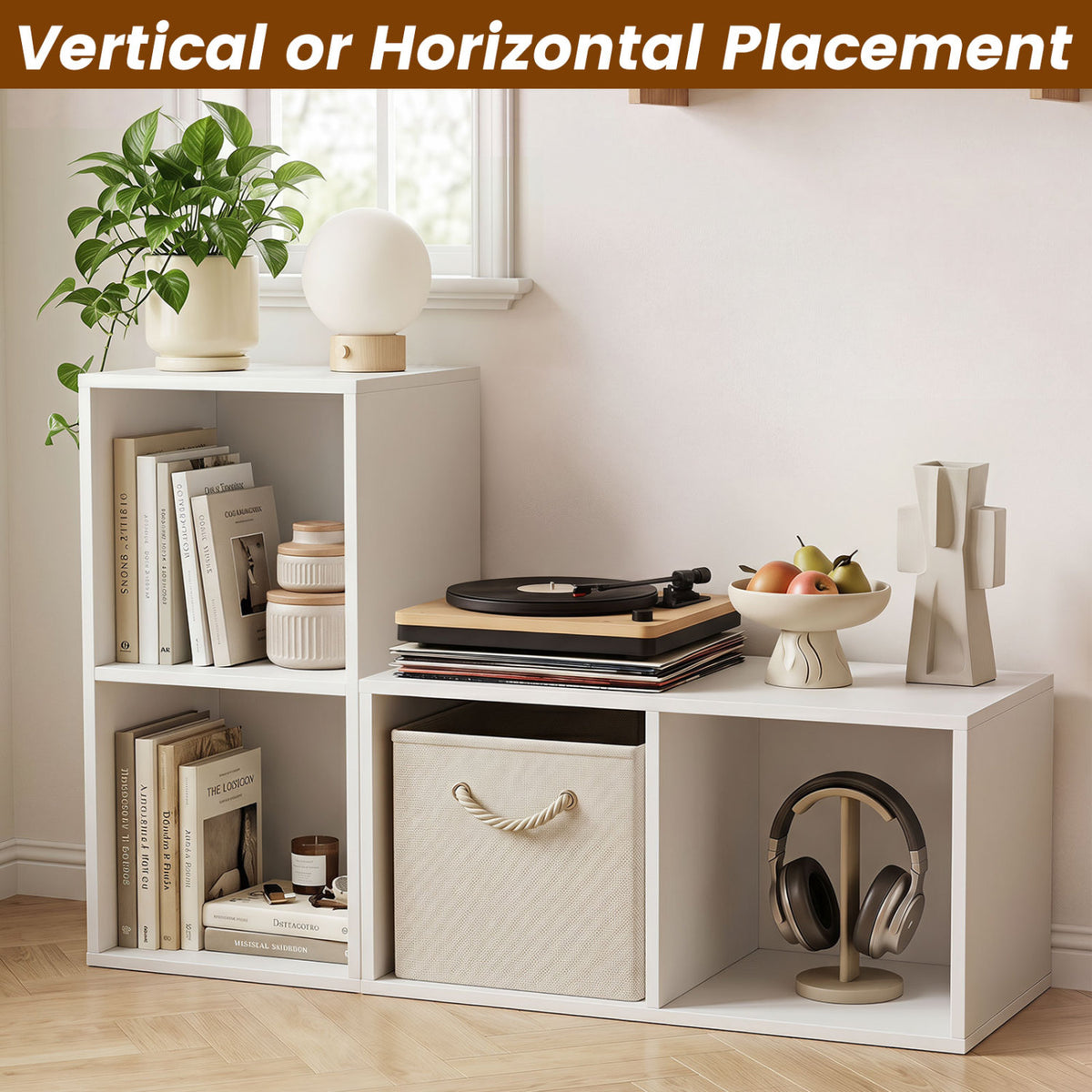 2-Cube Vertical or Horizontal Freestanding Bookshelf with 2 Compartments and 2 Anti-tipping Kits for Home Office-White view 7