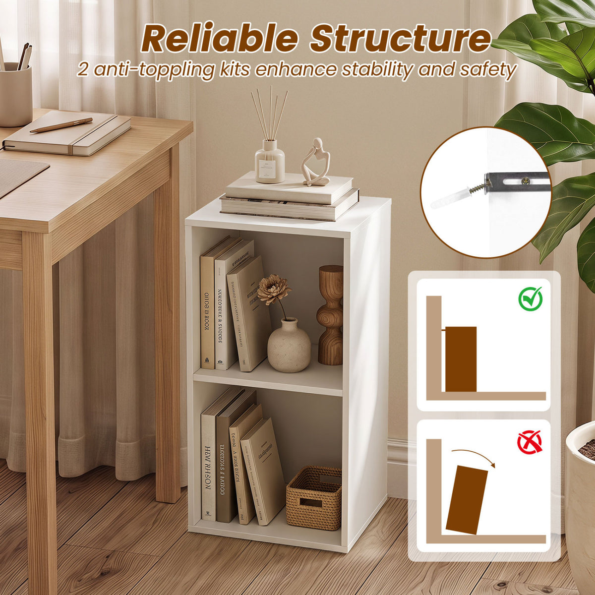 2-Cube Vertical or Horizontal Freestanding Bookshelf with 2 Compartments and 2 Anti-tipping Kits for Home Office-White view 8