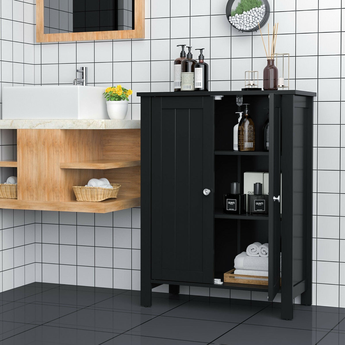 2-Door Bathroom Floor Storage Cabinet Space Saver Organizer-Black view 2