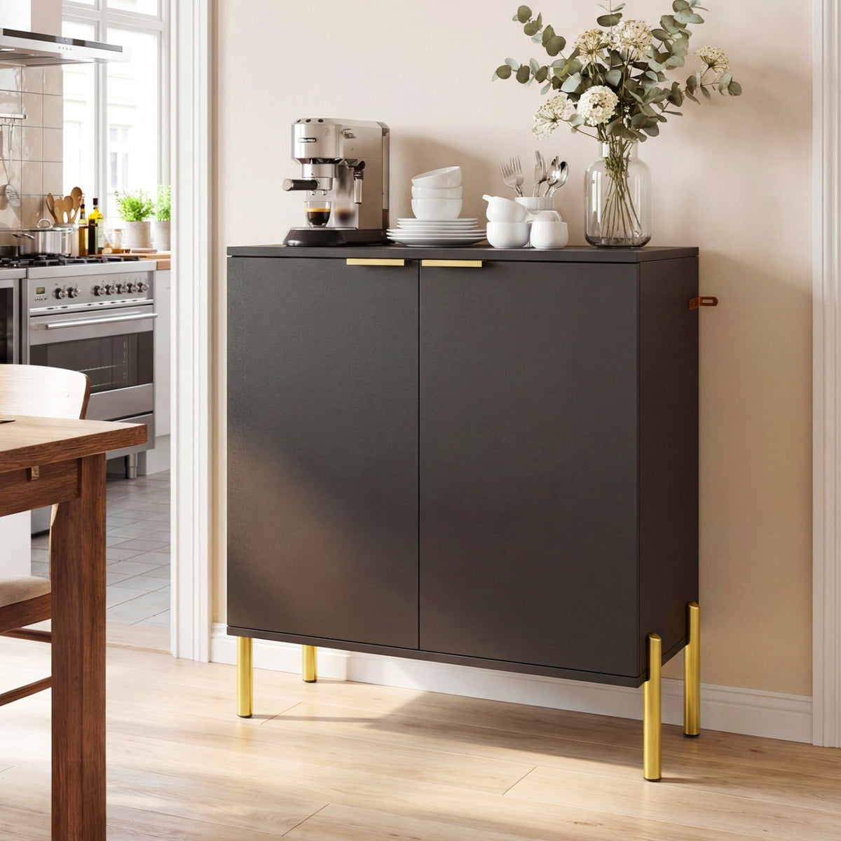 2-Door Buffet Cabinet Sideboard with Shelf and Metal Legs-Black view 2