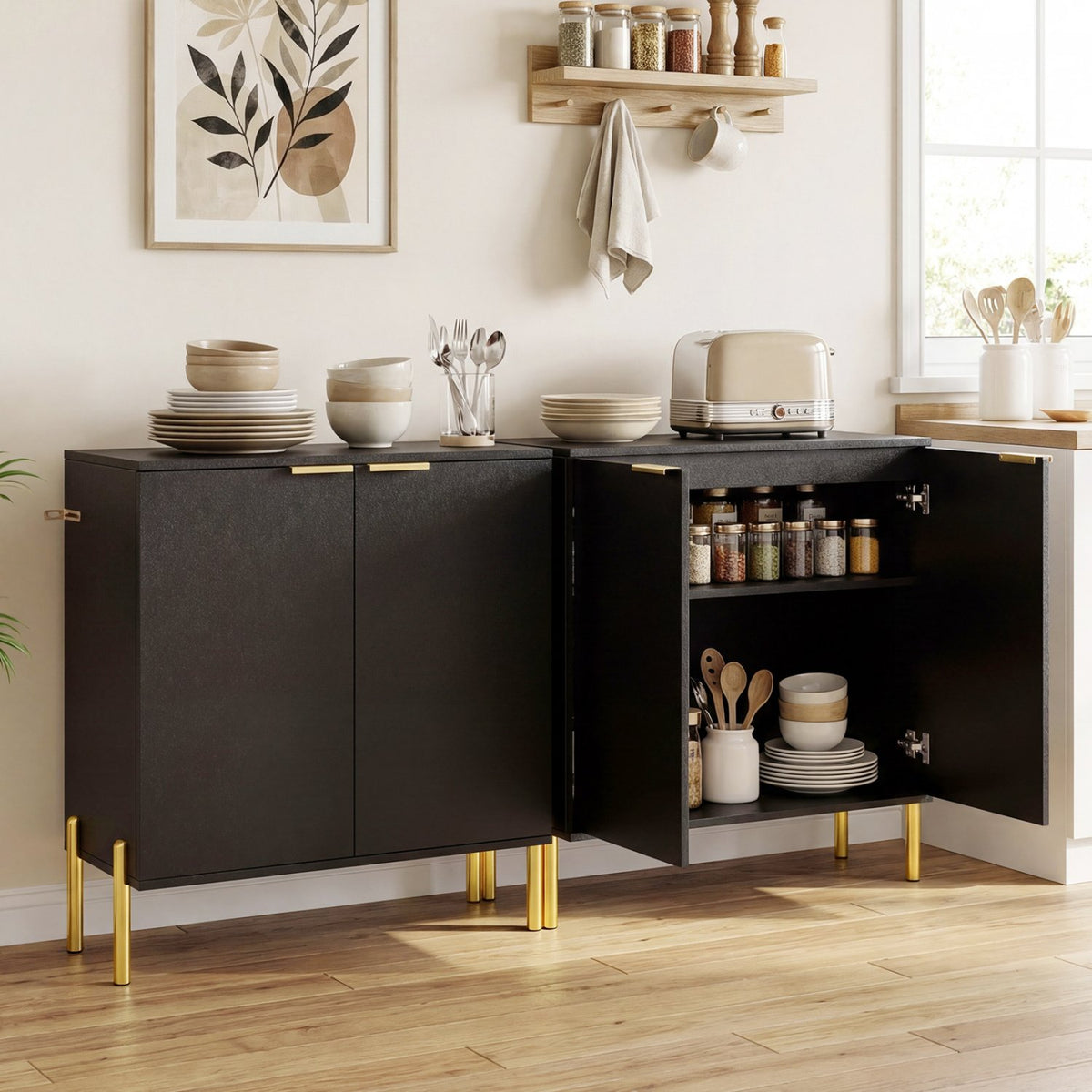 2-Door Buffet Cabinet Sideboard with Shelf and Metal Legs-Black view 3