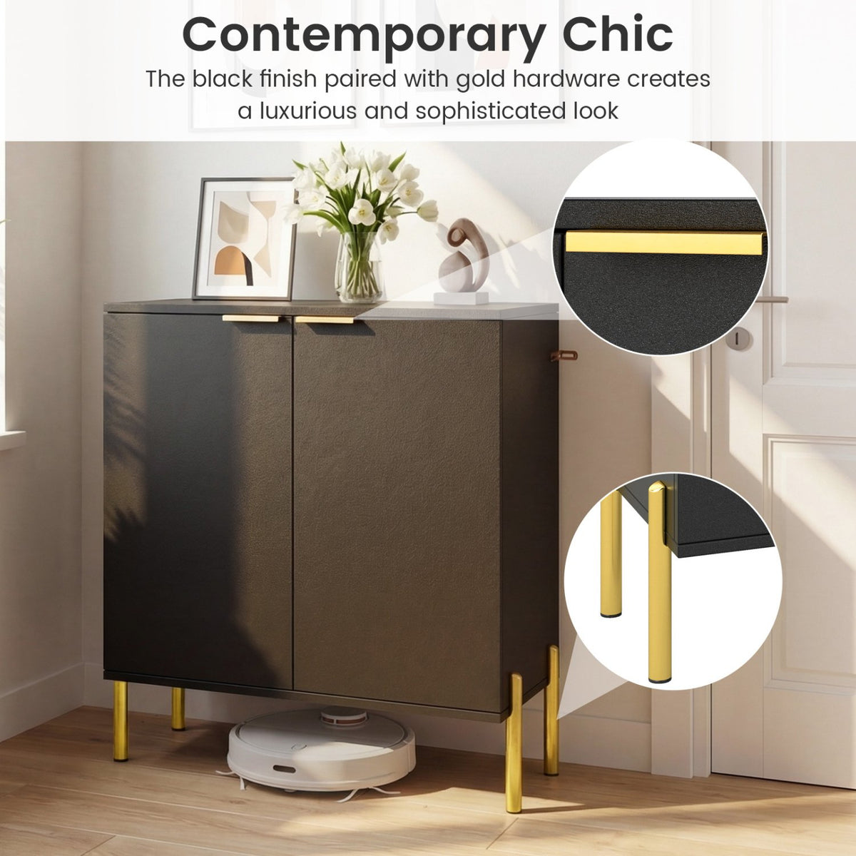 2-Door Buffet Cabinet Sideboard with Shelf and Metal Legs-Black view 8