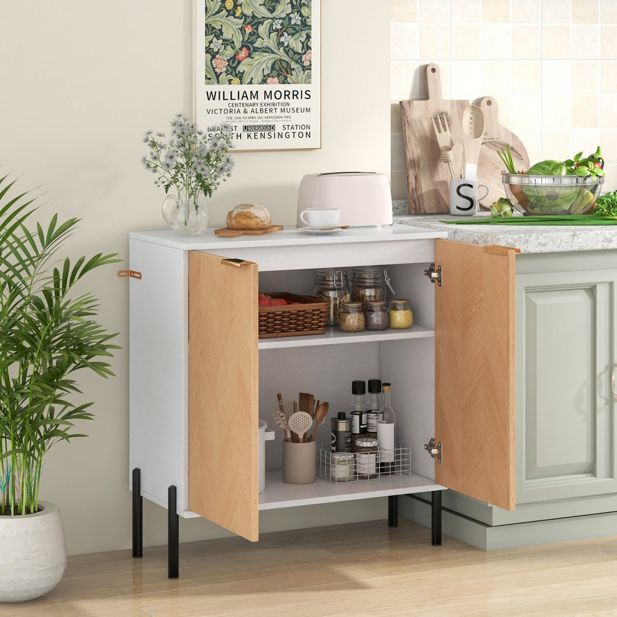 2-Door Buffet Cabinet Sideboard with Shelf and Metal Legs-White-Natural Wood view 2