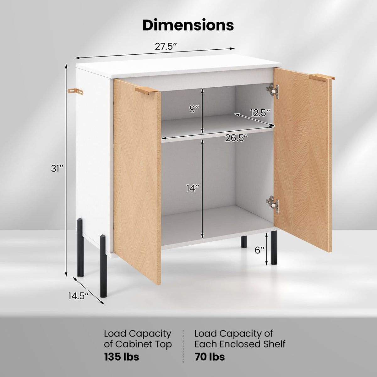 2-Door Buffet Cabinet Sideboard with Shelf and Metal Legs-White-Natural Wood view 5