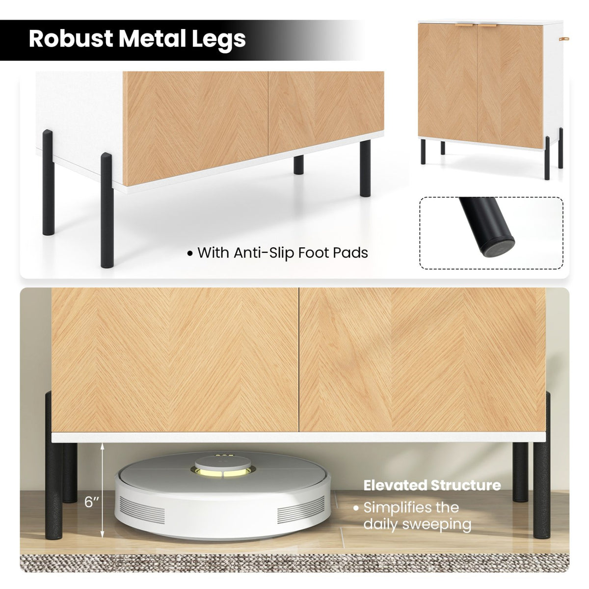 2-Door Buffet Cabinet Sideboard with Shelf and Metal Legs-White-Natural Wood view 8