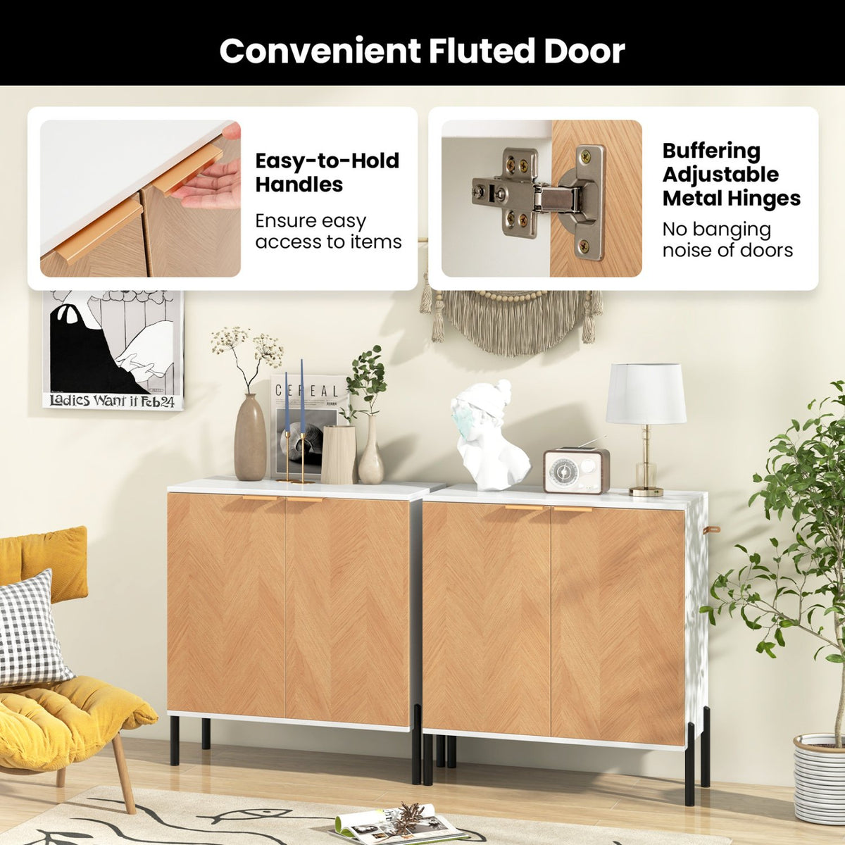 2-Door Buffet Cabinet Sideboard with Shelf and Metal Legs-White-Natural Wood view 9