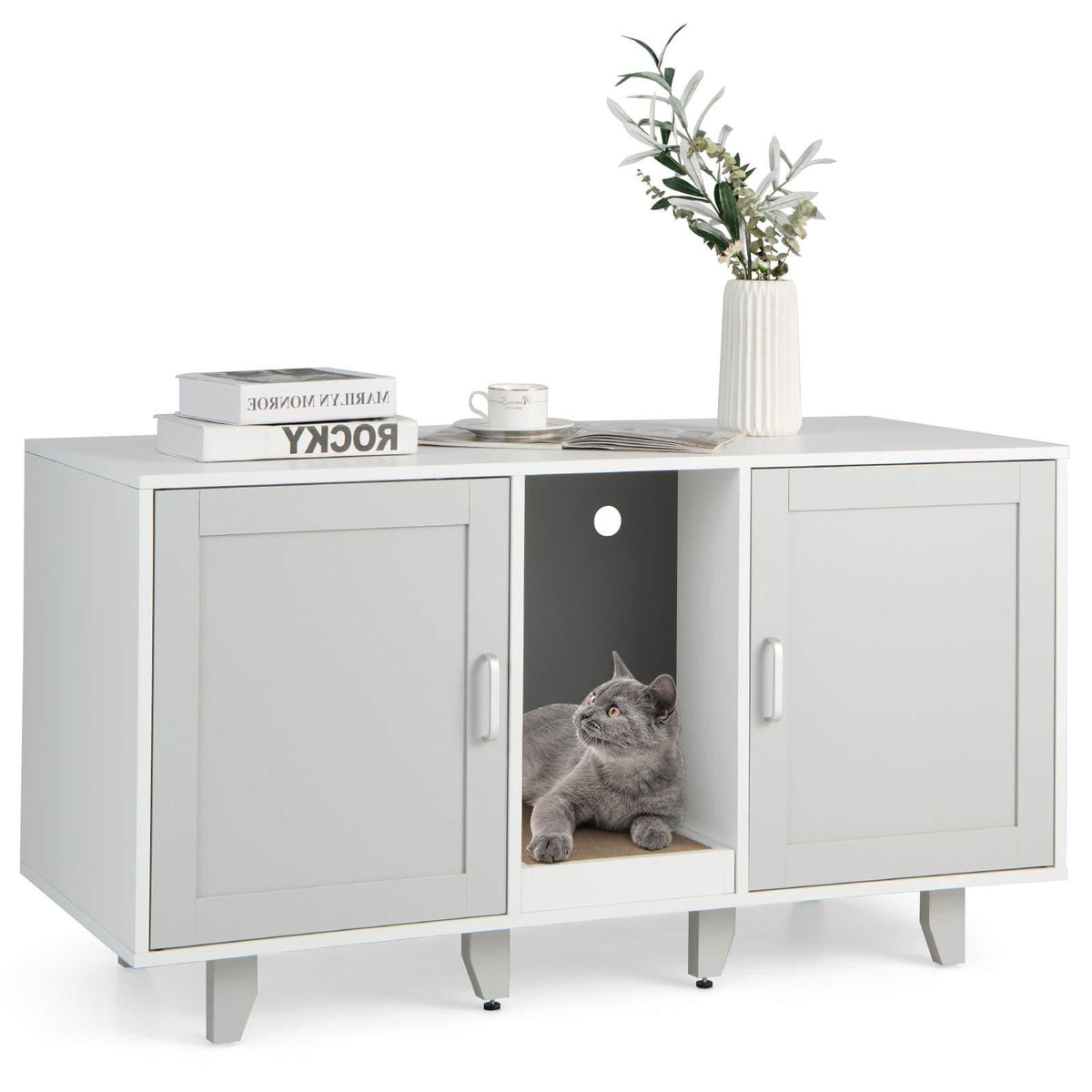 Patented 2-Door Cat Litter Box Enclosure with Winding Entry and Scratching Board-Gray