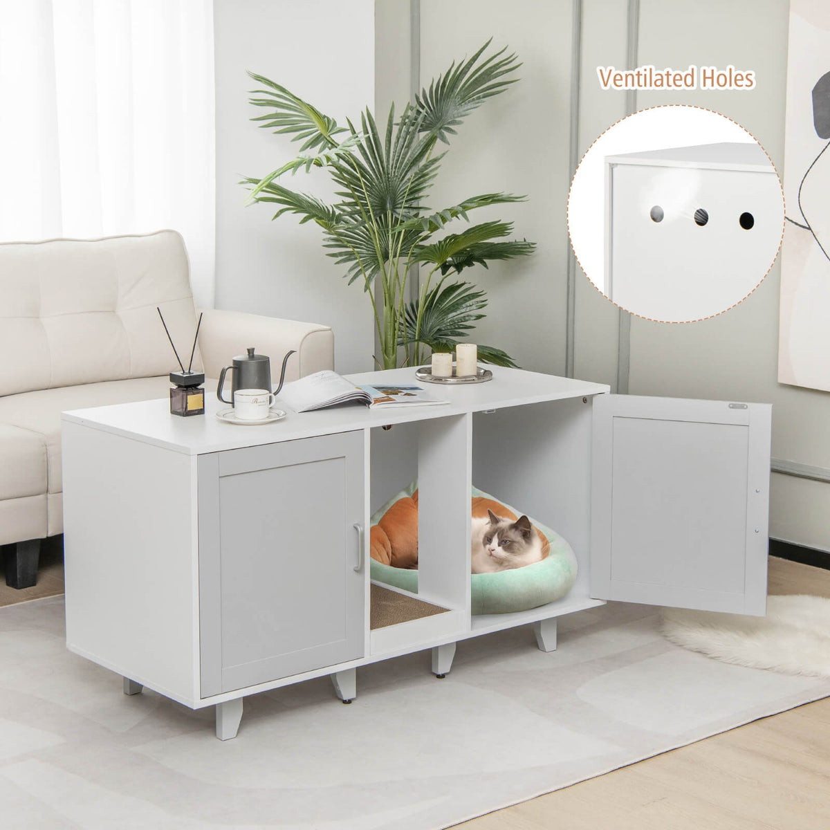 Patented 2-Door Cat Litter Box Enclosure with Winding Entry and Scratching Board-Gray view 2