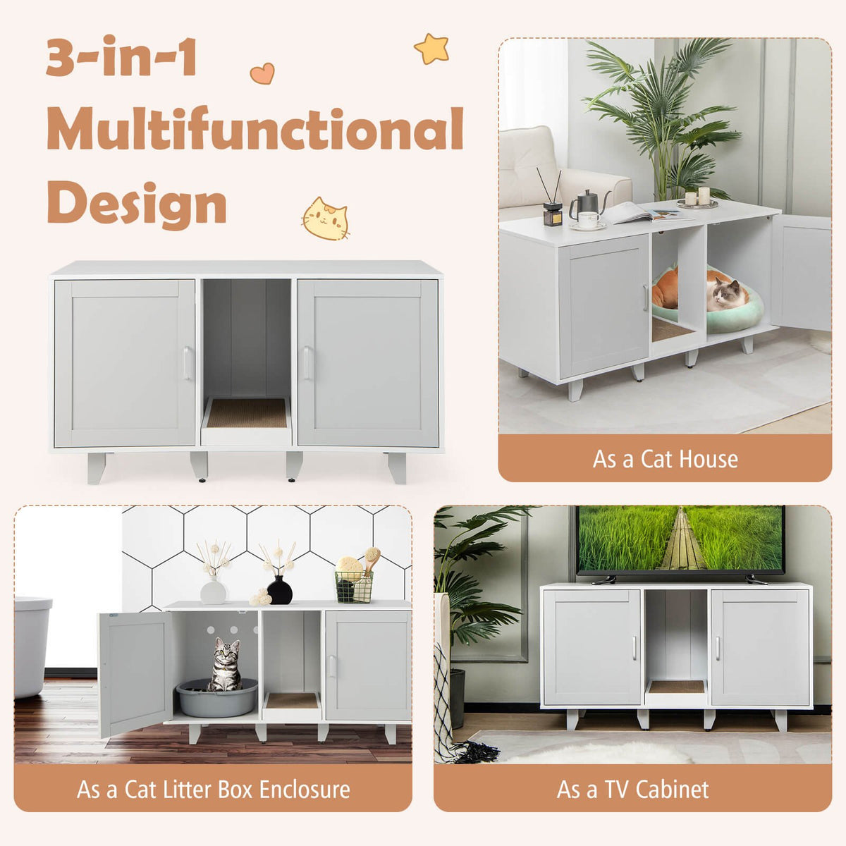 Patented 2-Door Cat Litter Box Enclosure with Winding Entry and Scratching Board-Gray view 5