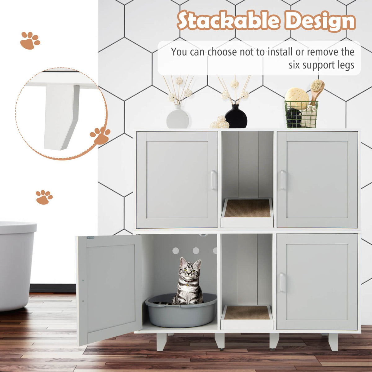 Patented 2-Door Cat Litter Box Enclosure with Winding Entry and Scratching Board-Gray view 6