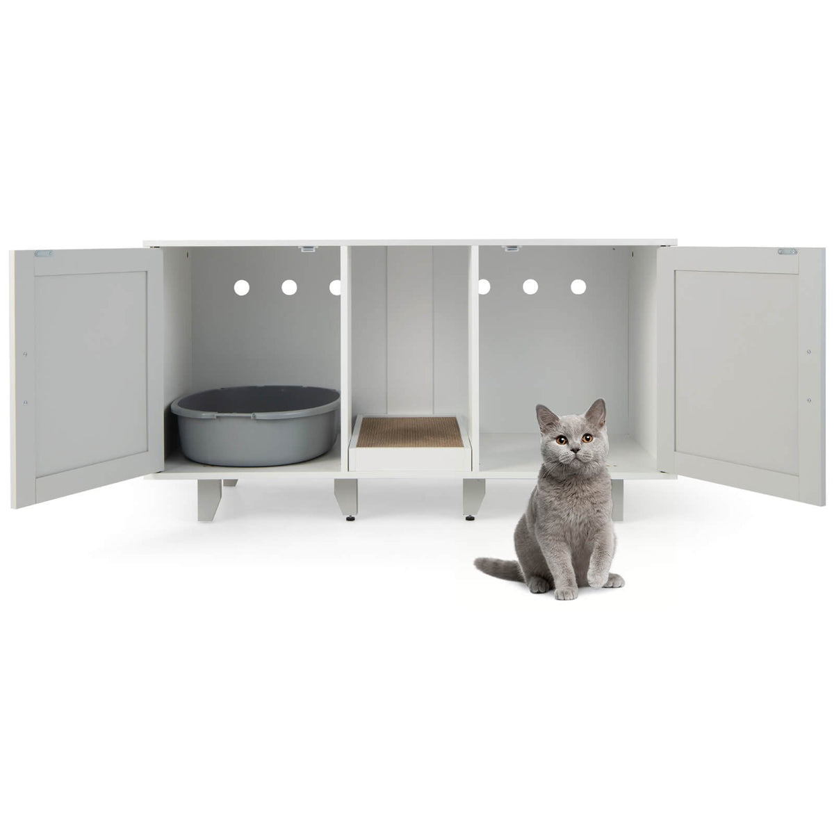 Patented 2-Door Cat Litter Box Enclosure with Winding Entry and Scratching Board-Gray view 8