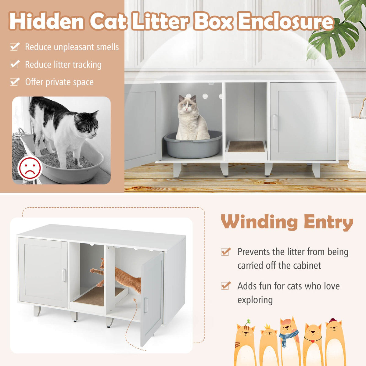 Patented 2-Door Cat Litter Box Enclosure with Winding Entry and Scratching Board-Gray view 9