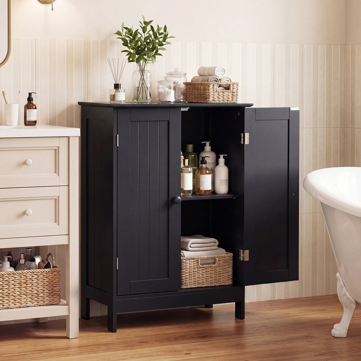 2-Door Freee-Standing Bathroom Cabinet with Shelf-Black view 2