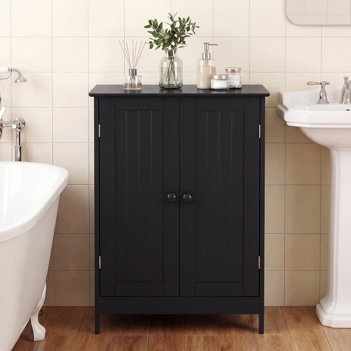 2-Door Freee-Standing Bathroom Cabinet with Shelf-Black view 3