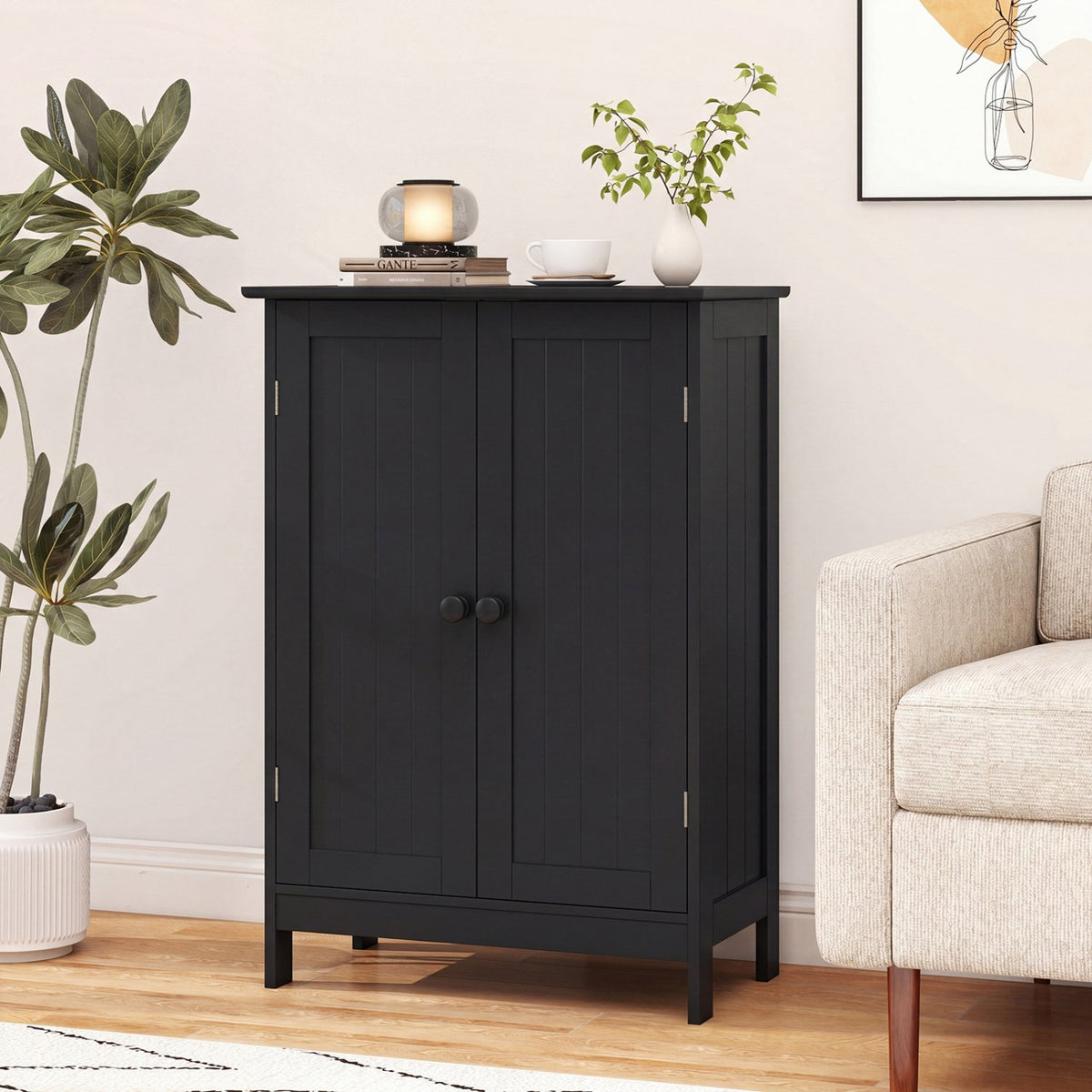 2-Door Freee-Standing Bathroom Cabinet with Shelf-Black view 6