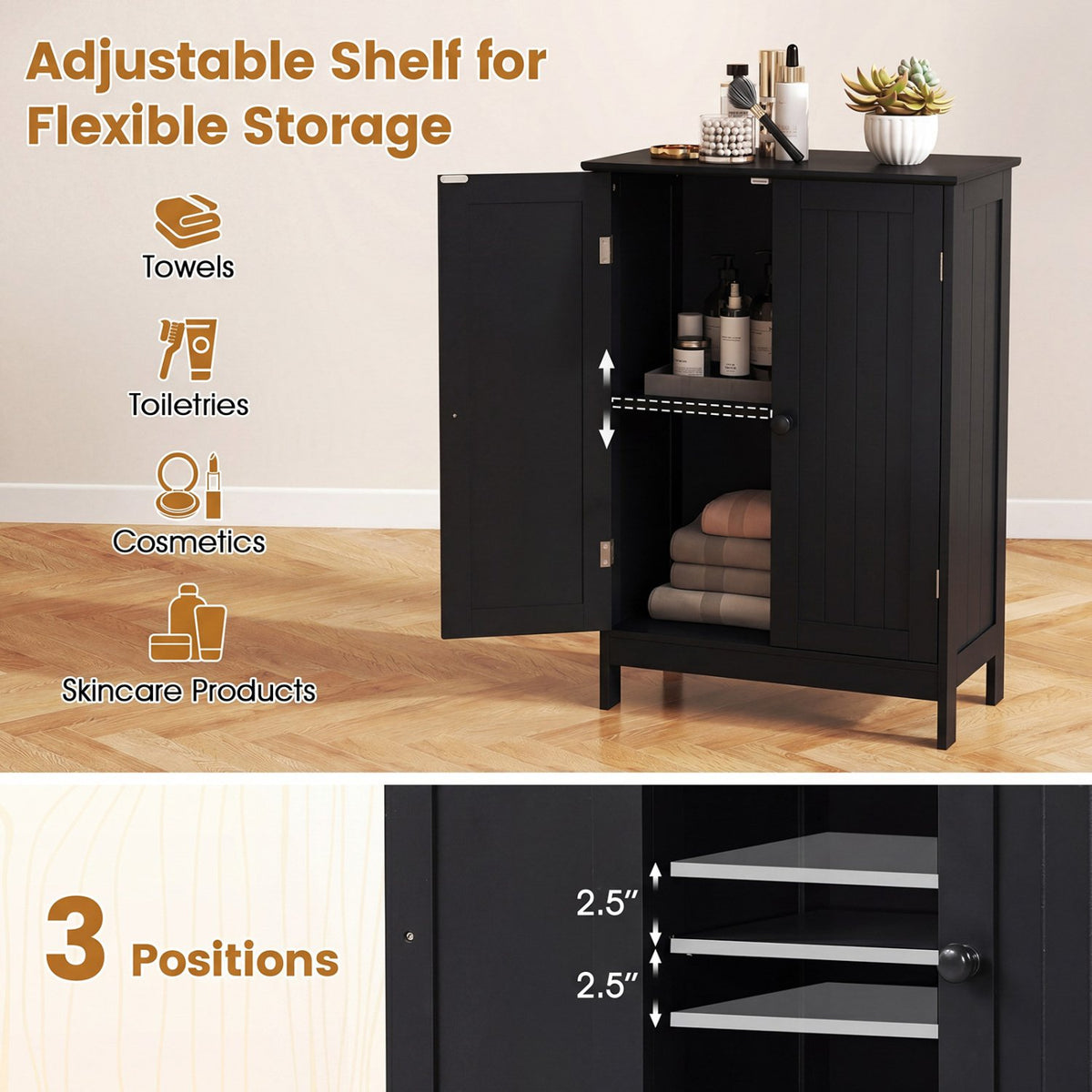 2-Door Freee-Standing Bathroom Cabinet with Shelf-Black view 7