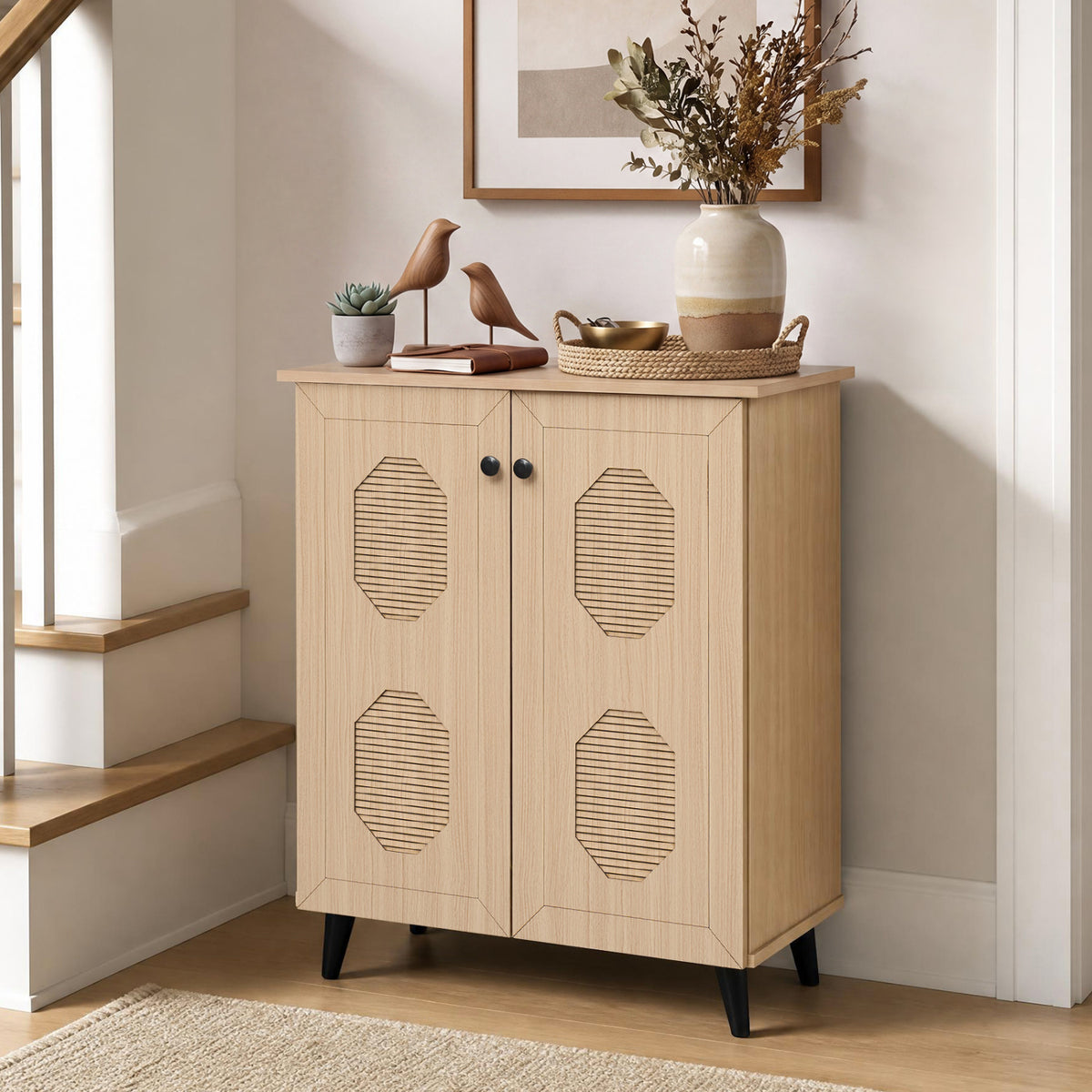 2‑Door Geometric‑Style Storage Cabinet Freestanding Footwear Organizer with Stylish Carved Panels-Natural view 2
