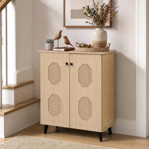 2‑Door Geometric‑Style Storage Cabinet Freestanding Footwear Organizer with Stylish Carved Panels-Natural view 2